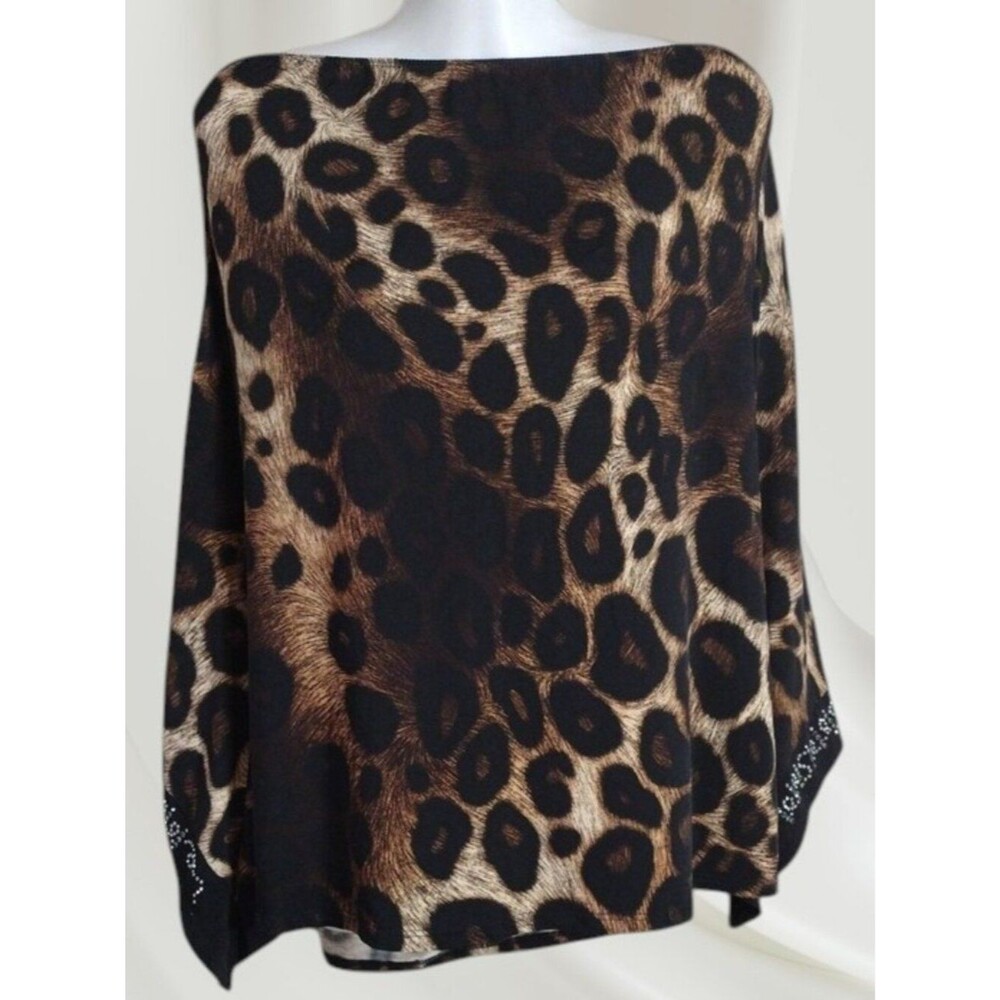 Luxurious Susan Lawrence Animal Print Tunic Top Rhinestone Sleeve Size X Large